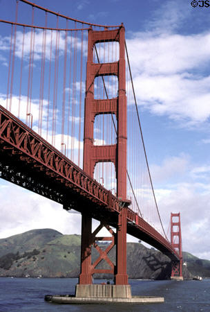 Golden Gate Bridge (1937) 6,450 feet with 4,200 feet between towers by Joseph Strauss. San Francisco, CA.