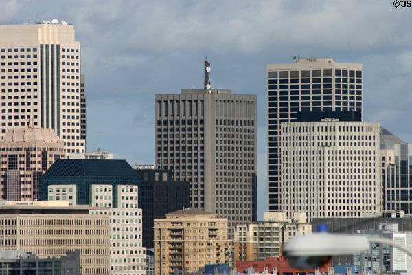 Skyline of Market Street with 50 Fremont Center (1985) (43 floors) by SOM; PG&E (1971) (34 floors) by Hertzka & Knowles; Spear Tower (1976) (43 floors) by Welton Becket Assoc. San Francisco, CA.