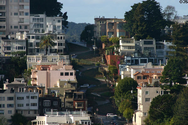 Lombard Street uses switchbacks to get cars down 27% grade. San Francisco, CA.