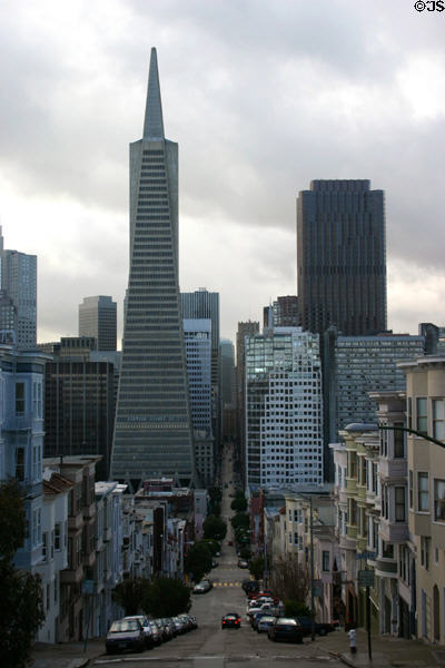 Transamerica Pyramid & Bank of America Center over Telegraph Hill houses. San Francisco, CA.