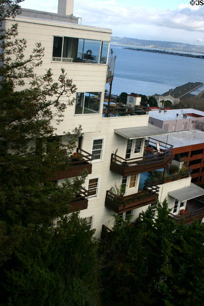 Kahn House (1939) (66 Calhoun Terrace) provides balconies looking over the bay. San Francisco, CA. Architect: Richard Neutra.