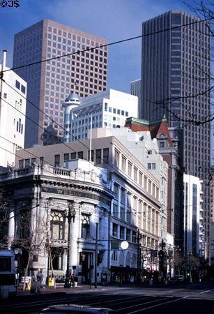 Market Street with McKesson Plaza (1969) (38 floors) at right (1 Post Street at Market St.). San Francisco, CA. Architect: Welton Becket & Assoc..