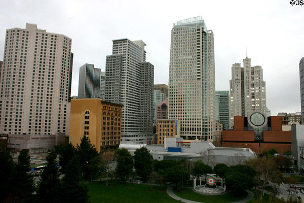 Argent Hotel (1984), Paramount (2002), St. Regis (2004), Pacific Telephone (1925) buildings over Modern Art Museum & Yerba Buena Gardens. San Francisco, CA.