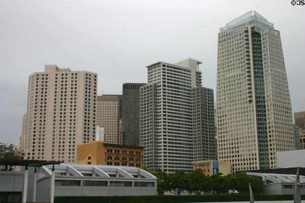 Argent Hotel (1984), Paramount (2002), St. Regis (2004) buildings over Yerba Buena Gardens. San Francisco, CA.