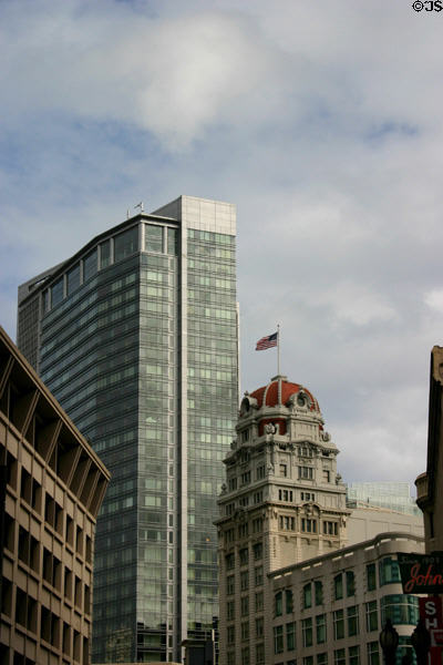 Humboldt Bank Building (1908) (19 floors) with red dome (785 Market Street at Fourth) with Four Seasons Hotel (2001) (40 floors). San Francisco, CA. Style: Beaux Art. Architect: Meyer & O'Brien.