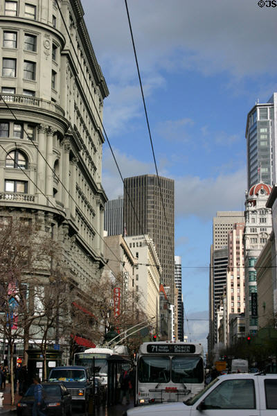 Market Street from 5th Street looking east with red-domed Humboldt Bank Building. San Francisco, CA.