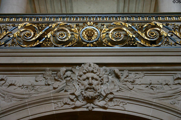 City Hall gilded railing & carved faces. San Francisco, CA.