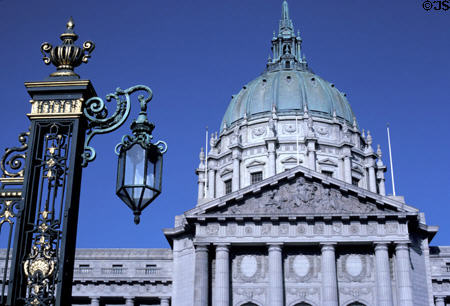 Gate, lamp & City Hall (with green dome before restoration). San Francisco, CA.