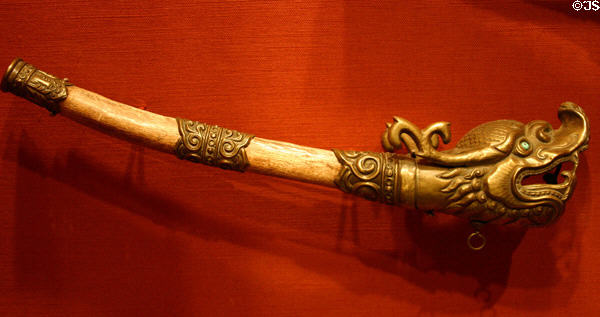 China: Qing dynasty trumpets of brass & human bone from inner Mongolia (1800-1911) in Asian Art Museum. San Francisco, CA.
