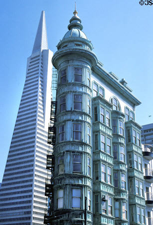 Columbus Tower (former Sentinel Building) (1905) (916 Columbus) now American Zeotrope in front of Transamerica Pyramid. San Francisco, CA. Architect: Salfield & Kohlberg.