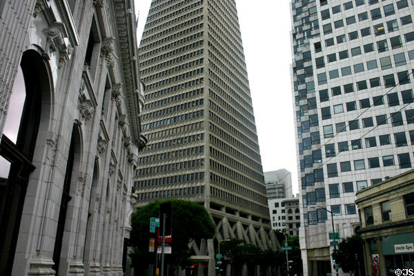 Old Fugazi Bank, Transamerica Pyramid & Montgomery Washington Tower on Columbus. San Francisco, CA.