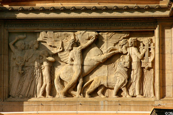 Palace of Fine Arts frieze showing ancient Greek procession dominated by winged horse & lion. San Francisco, CA.