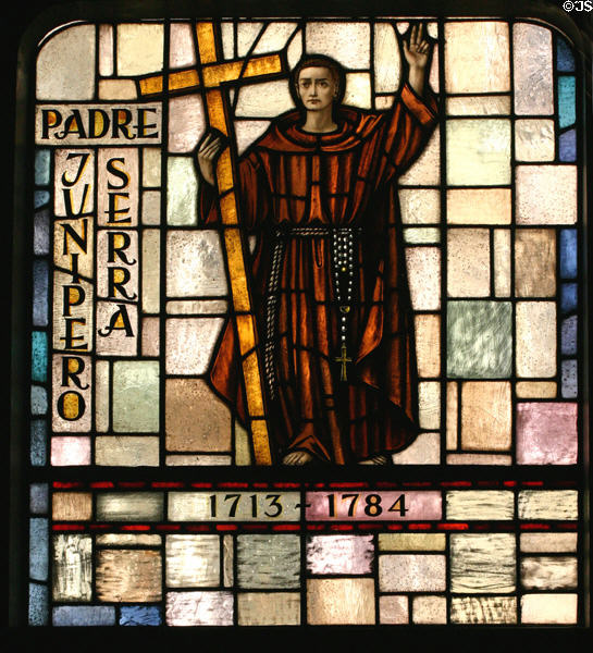 Padre Junipero Serra (1713-84) founder of the California mission system in stained glass at Mission Dolores. San Francisco, CA.