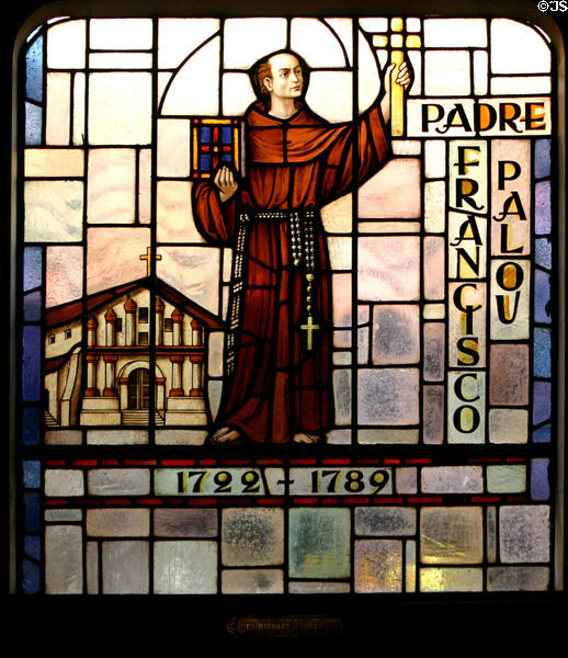 Padre Francisco Palou (1722-89) founder of Mission San Francisco de Asis in stained glass at Mission Dolores. San Francisco, CA.