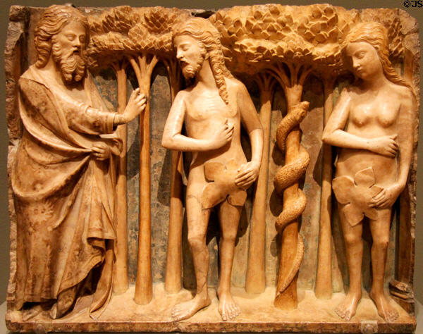 Alabaster relief carving of the Lord Reprimanding Adam & Eve (c1362) by Bartolomeu Rubio of Catalonia, Spain at Legion of Honor Museum. San Francisco, CA.