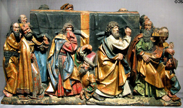 Burial of the Virgin painted wood carving (c1500) from Munich, Germany at Legion of Honor Museum. San Francisco, CA.