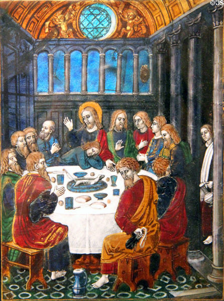 Last Supper enamel on copper plaque (16thC) by Couhlin Noyer of Limoges, France at Legion of Honor Museum. San Francisco, CA.
