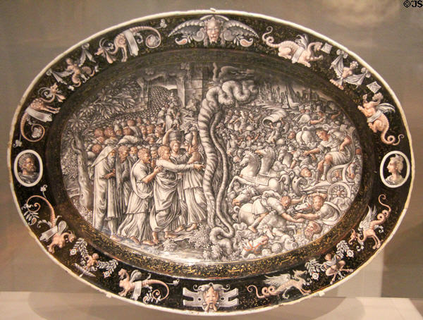 Moses parting the waves enamel on copper salver (1575-83) by Jean de Court of Limoges, France at Legion of Honor Museum. San Francisco, CA.