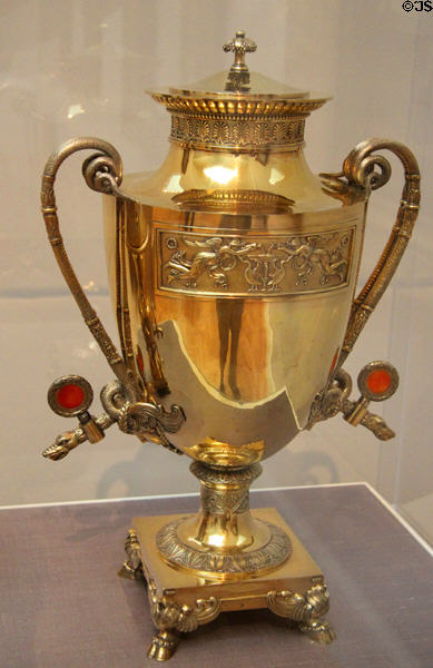 Gilt silver hot water urn (1809-19) by Martin-Guillaume Biennais of Paris at Legion of Honor Museum. San Francisco, CA.