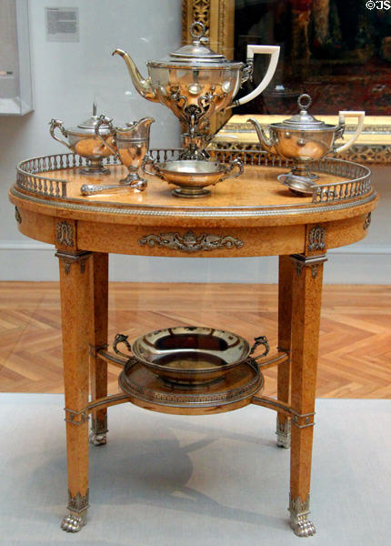 Silver tea service & wooden table (c1900) by Peter Carl Fabergé of Saint Petersburg, Russia at Legion of Honor Museum. San Francisco, CA.