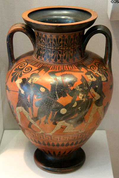 Greek black-figure amphora (late 6th C BCE) with Herakles fighting Amazons at Legion of Honor Museum. San Francisco, CA.