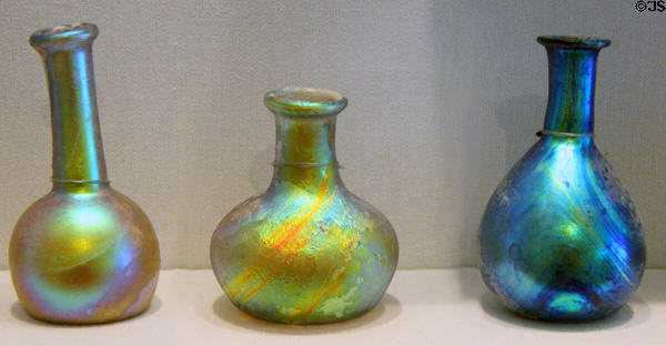 Free-blown glass flasks (1st-4thC) from Eastern Mediterranean at Legion of Honor Museum. San Francisco, CA.