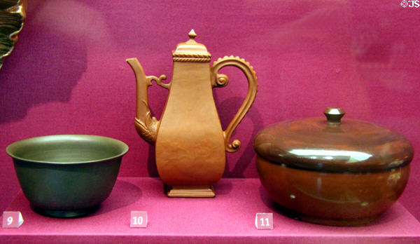 Teabowl, coffee pot & covered bowl in red stoneware with various glazes (c1710-3) by Meissen Porcelain Manuf. of Germany at Legion of Honor Museum. San Francisco, CA.