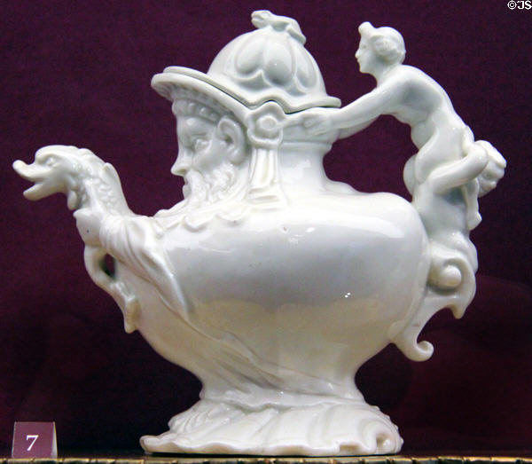 Porcelain teapot in shape of old man (c1719-20) by Meissen Porcelain Manuf. of Germany at Legion of Honor Museum. San Francisco, CA.