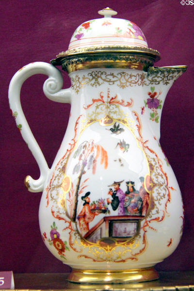 Porcelain mounted coffee pot (c1723-4) by Meissen Porcelain Manuf. of Germany at Legion of Honor Museum. San Francisco, CA.