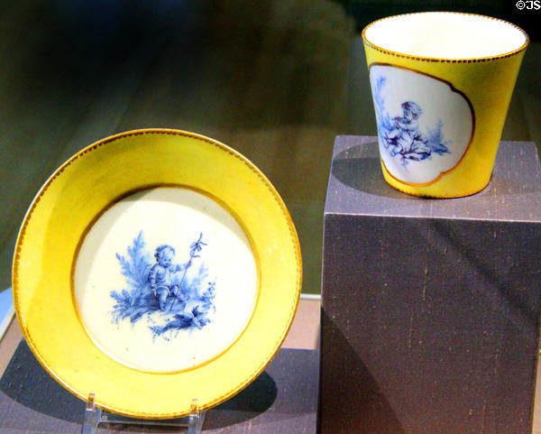 Porcelain cup & saucer in yellow (1753) from Vincennes, France at Legion of Honor Museum. San Francisco, CA.