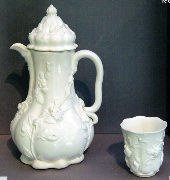Porcelain coffeepot & beaker with flowering prunus (1745-49) from Chelsea, England at Legion of Honor Museum. San Francisco, CA.