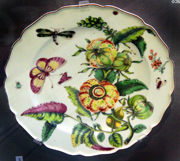 Porcelain plate with insects & plants (c1755) from Chelsea, England at Legion of Honor Museum. San Francisco, CA.