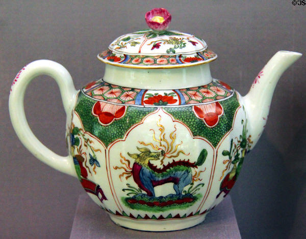 Porcelain teapot with Bengal tiger pattern (c1768-70) from Worcester, England at Legion of Honor Museum. San Francisco, CA.