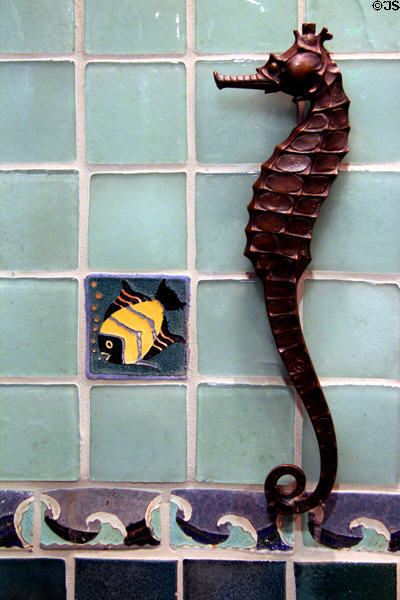 Original bronze seahorse from old Steinhart Aquarium building at California Academy of Science. San Francisco, CA.