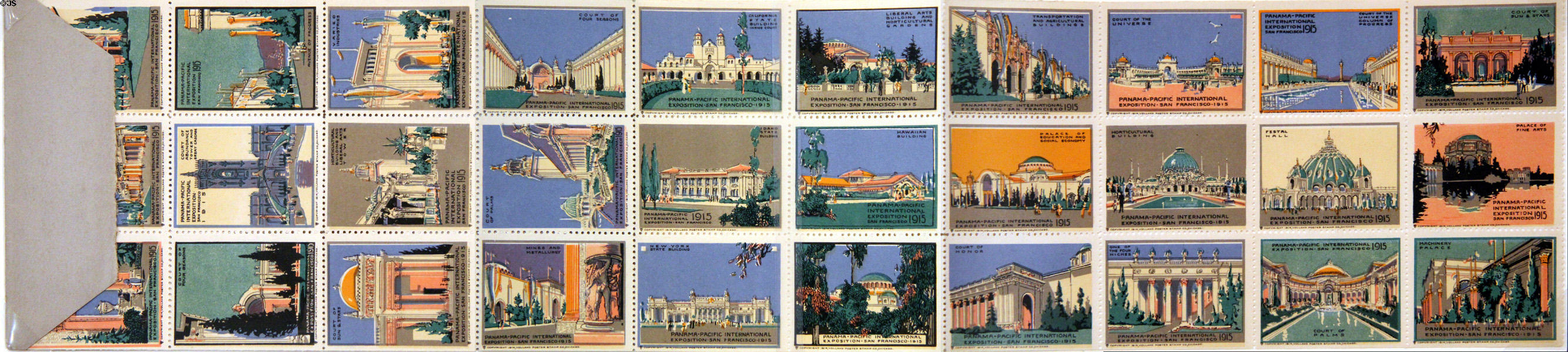 Poster stamps show buildings of Panama-Pacific International Exposition (1915) by Volland Poster Stamp Co. of Chicago at California Historical Society. San Francisco, CA.
