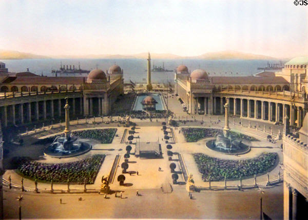 Hand-colored print shows Court of Universe of Panama-Pacific International Exposition (1915) in private collection. San Francisco, CA.