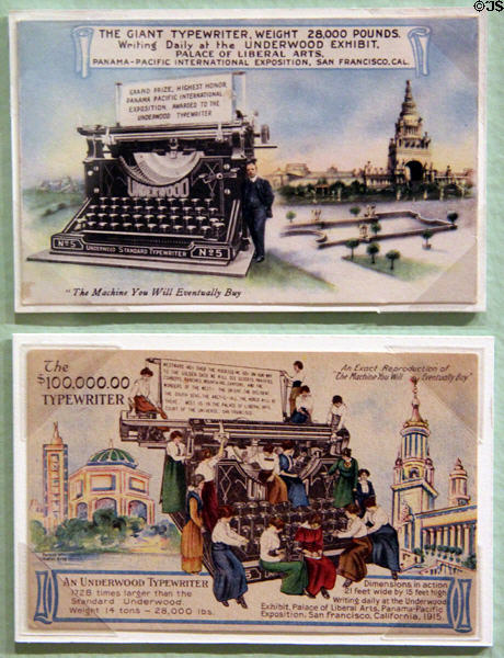 Postcards of Palace of Liberal Arts exhibit by Underwood shows giant 28,000 pound working typewriter at Panama-Pacific International Exposition (1915) at California Historical Society. San Francisco, CA.