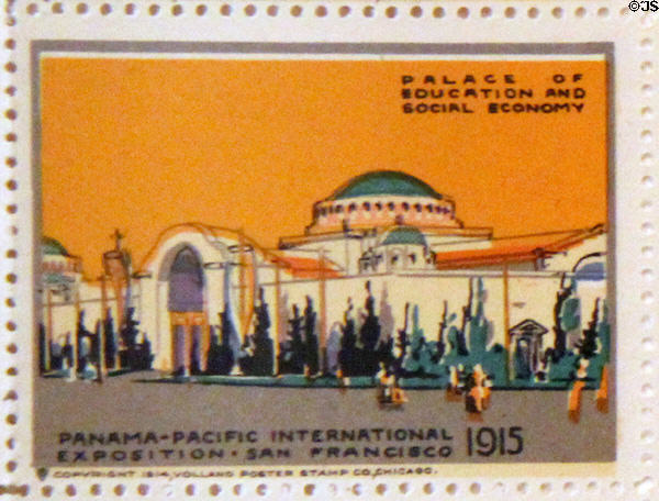 Palace of Education 7 Social Economy poster stamp from Panama-Pacific International Exposition (1915). San Francisco, CA.