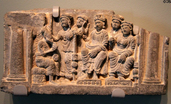Queen Maya's Dream Explained sculpture (c100-300) a scene of Buddha's life from Gandhara, Pakistan at Asian Art Museum. San Francisco, CA.