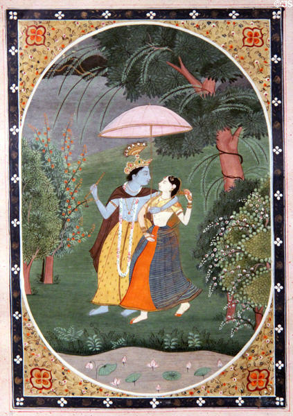 Hindu deity Krishna & his beloved sheltered from rain by umbrella watercolor (1800-1900) from Punjab, India at Asian Art Museum. San Francisco, CA.