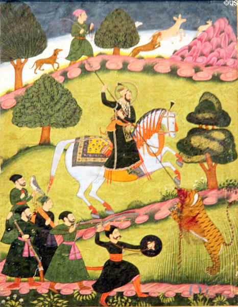 A raja slays a tiger watercolor (c1750-1800) from Rajasthan, India at Asian Art Museum. San Francisco, CA.