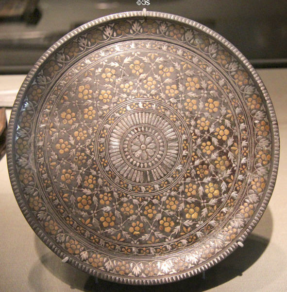 Inlayed metal plate (c1700) from India at Asian Art Museum. San Francisco, CA.