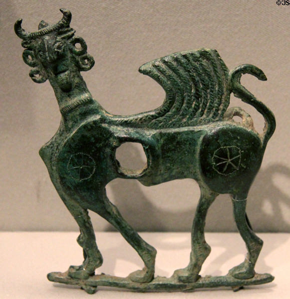 Bronze cheekpiece of horse bridle in form of sphinx (1000-650 BCE) from Iran at Asian Art Museum. San Francisco, CA.