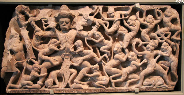 Angkor sandstone carving of scene from Ramayana; Kumbhakarna battles monkeys (c1100-1200) from Cambodia or Northeastern Thailand at Asian Art Museum. San Francisco, CA.
