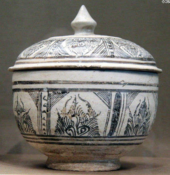 Sukhothai stoneware lidded bowl (c1300-1500) from Thailand at Asian Art Museum. San Francisco, CA.