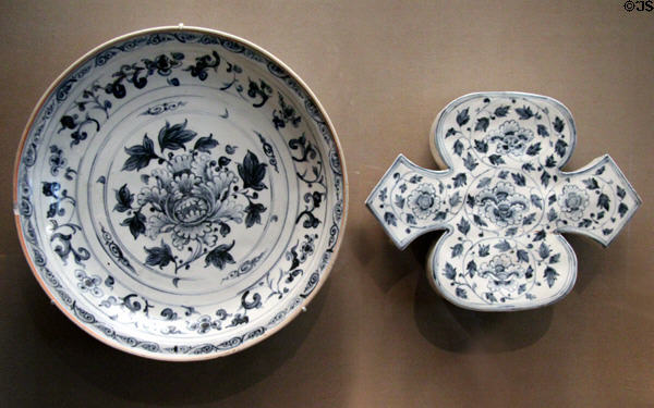 Stoneware blue-&-white ware plates (1400-1600) from Northern Vietnam at Asian Art Museum. San Francisco, CA.
