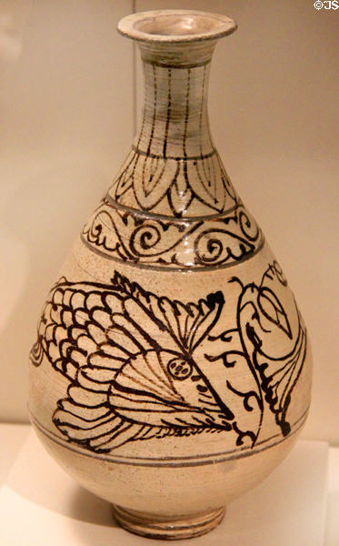 Stoneware Buncheong ware bottle (1500-90) from Korea at Asian Art Museum. San Francisco, CA.