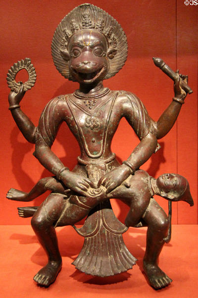 Hindu deity Naramsimha bronze statue (1500-1500) from Nepal at Asian Art Museum. San Francisco, CA.