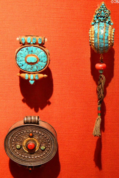 Turquoise & silver boxes & ornaments (c1700-1900) from Tibet at Asian Art Museum. San Francisco, CA.