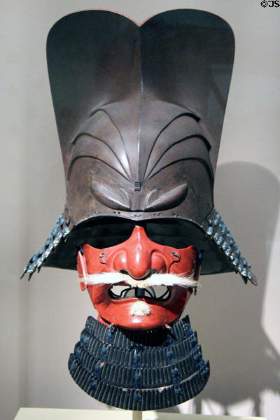 Edo-period Samurai helmet with half-face mask (c1615-50) from Japan at Asian Art Museum. San Francisco, CA.